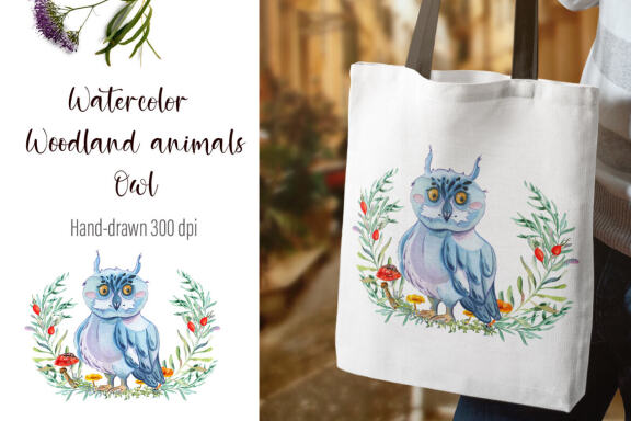 Watercolor Owl and beautiful wreath PNG for sublimation