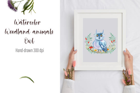 Watercolor Owl and beautiful wreath PNG for sublimation