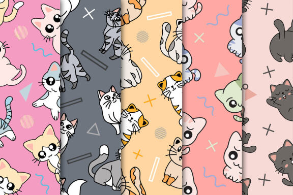 25 Set Bundle Cute Cat Kitten Seamless Pattern Background Clipart