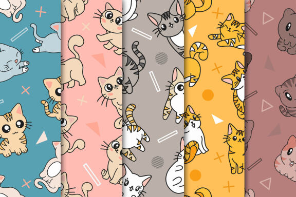 25 Set Bundle Cute Cat Kitten Seamless Pattern Background Clipart
