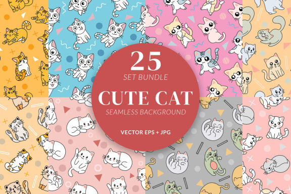 25 Set Bundle Cute Cat Kitten Seamless Pattern Background Clipart