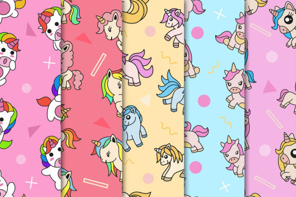15 Set Bundle Cute Unicorn Magical Seamless Pattern Background Clipart