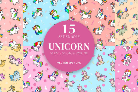 15 Set Bundle Cute Unicorn Magical Seamless Pattern Background Clipart