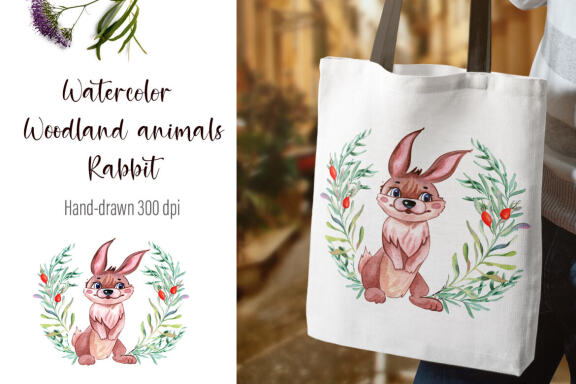 Watercolor Rabbit and beautiful wreath PNG for sublimation