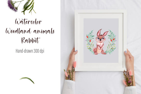 Watercolor Rabbit and beautiful wreath PNG for sublimation