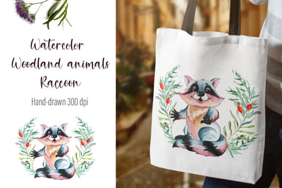 Watercolor Raccoon and beautiful wreath PNG for sublimation