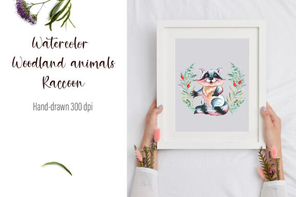 Watercolor Raccoon and beautiful wreath PNG for sublimation