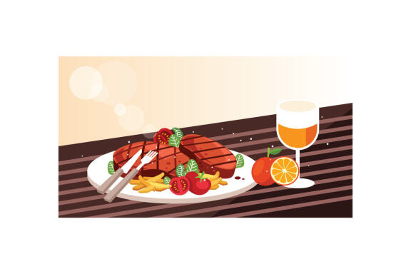 Delicious grilled beef steak and orange juice