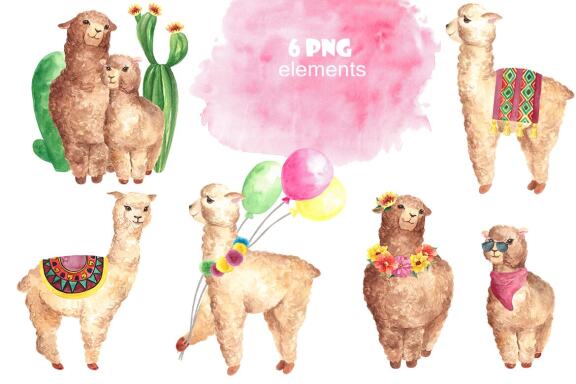 Watercolor Cute Llama & Alpaca Clipart Set, Nursery Clipart