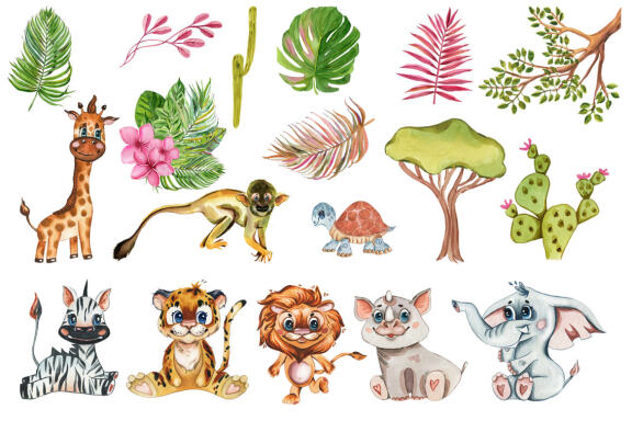 Jungle Babies of Africa. Watercolor Set