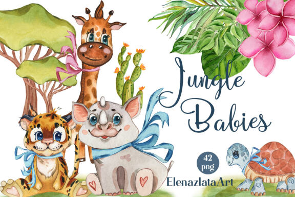 Jungle Babies of Africa. Watercolor Set