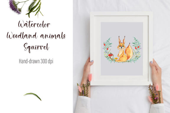 Watercolor squirrel and beautiful wreath PNG for sublimation