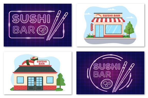 12 Sushi Bar Japan Asian Food Illustration