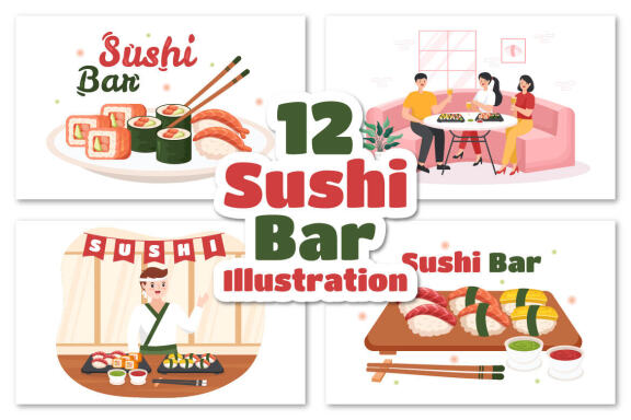 12 Sushi Bar Japan Asian Food Illustration