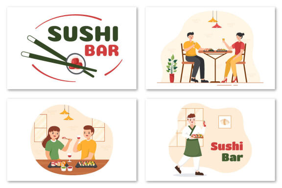 12 Sushi Bar Japan Asian Food Illustration
