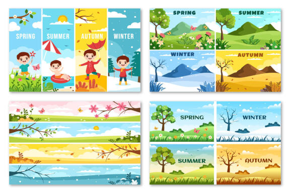14 Scenery of the Four Seasons of Nature Illustration