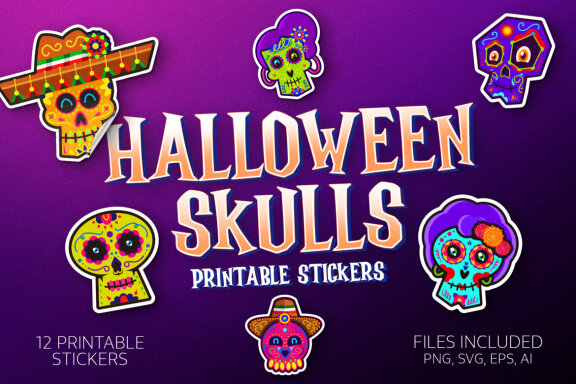 Halloween Skulls Printable Stickers - Characters