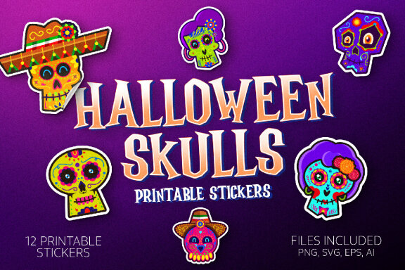 Halloween Skulls Printable Stickers - Characters