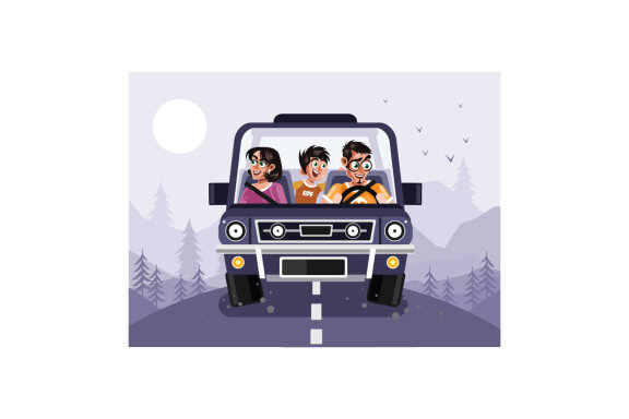 Family in car vector graphics illustration
