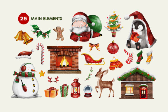Christmas Watercolor Clipart Illustrations