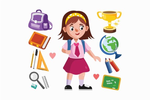Girl Student and School Supplies Illustration