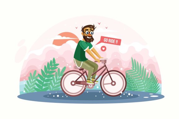 Hipster Man Riding Bicycle Vector Illustration
