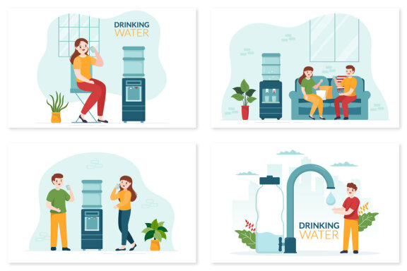 10 People Drinking Water Illustration