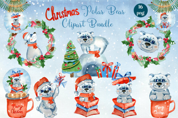 Christmas Polar Bear Clipart Bundle