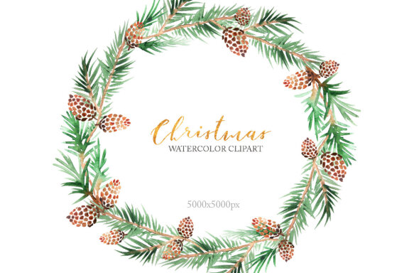 Watercolor Forest Pine Wreaths Clipart