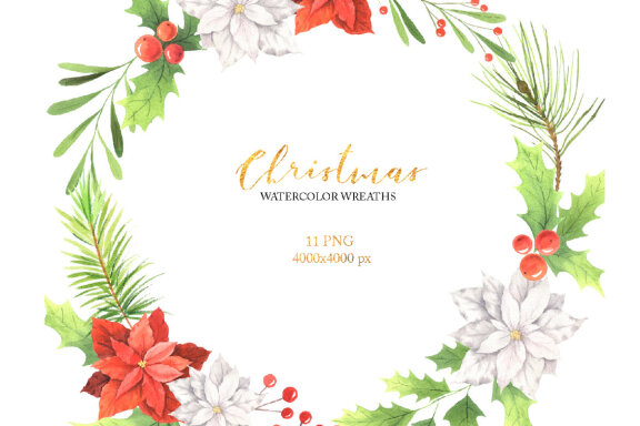 Watercolor Christmas Floral Wreaths Clipart