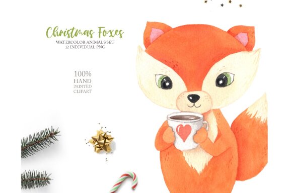 Watercolor Christmas Foxes Clipart
