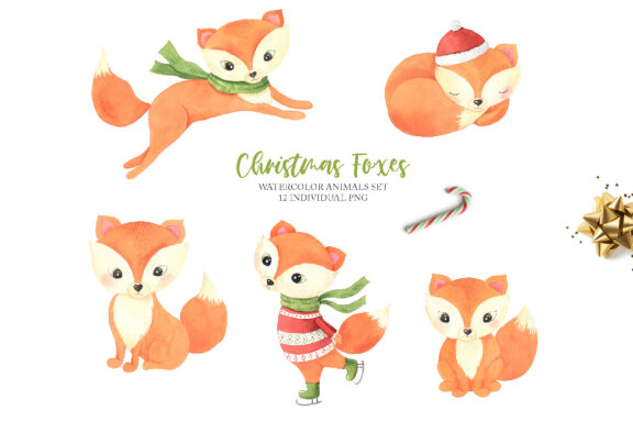 Watercolor Christmas Foxes Clipart