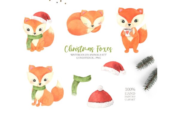 Watercolor Christmas Foxes Clipart