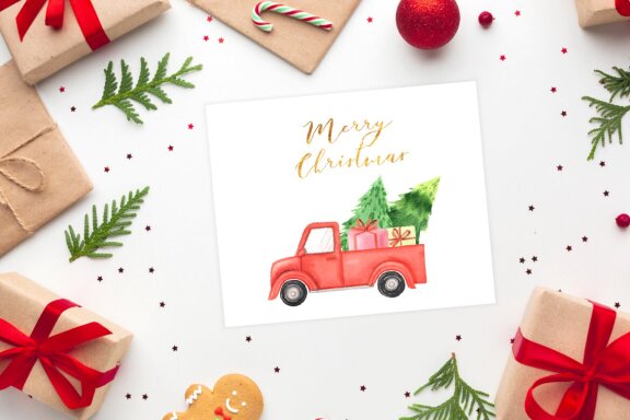 Watercolor Christmas Truck Clipart