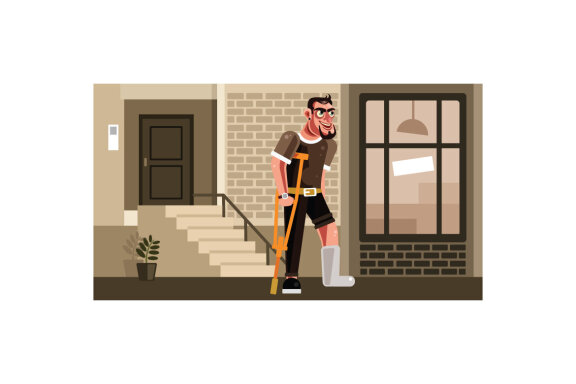Man with Broken Leg walking using the Crutch