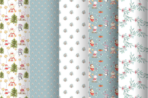 Christmas watercolor pattern, Digital paper Christmas animal
