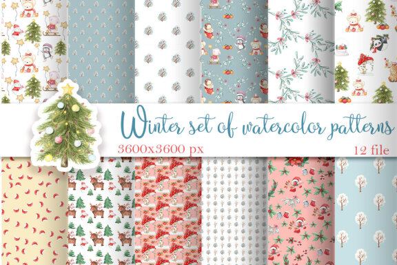 Christmas watercolor pattern, Digital paper Christmas animal