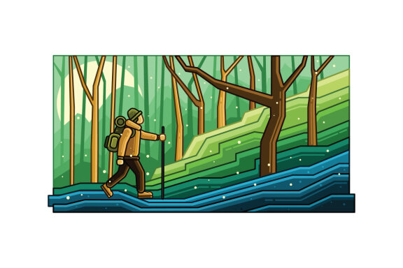 Mountain Hiking Vector Graphics Line Illustration