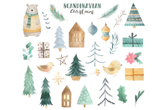 Scandinavian Watercolor Christmas illustrations