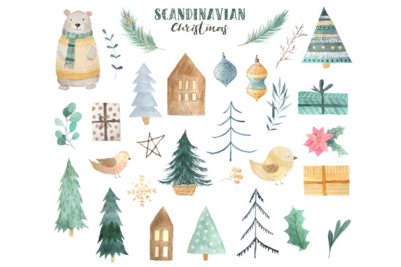 Scandinavian Watercolor Christmas illustrations