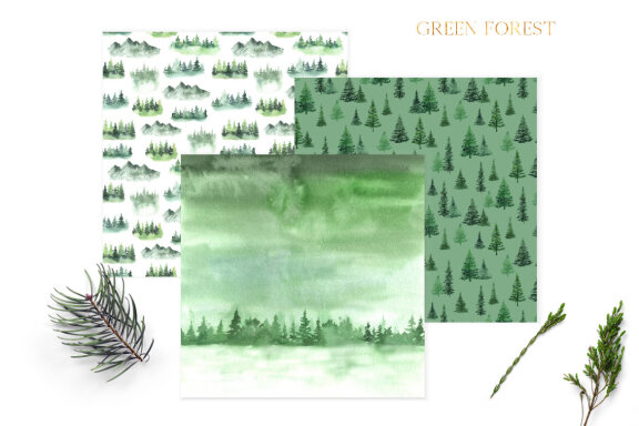 Watercolor Green Forest Digital Papers