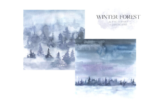 Watercolor Blue Winter Forest Clipart
