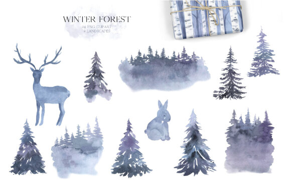 Watercolor Blue Winter Forest Clipart