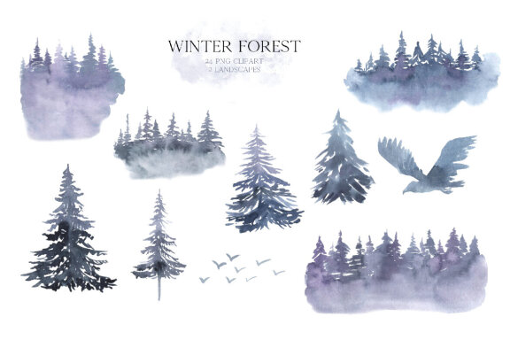 Watercolor Blue Winter Forest Clipart