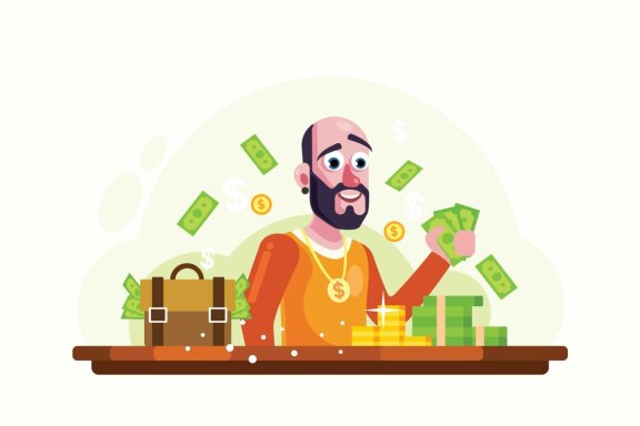 Rich Man with Money and Gold Vector Illustration