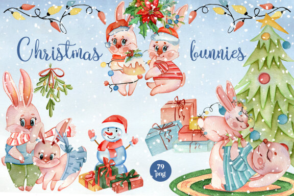 New Year symbol rabbit 2023, Christmas watercolor clipart