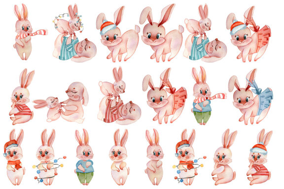 New Year symbol rabbit 2023, Christmas watercolor clipart