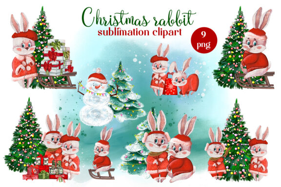 Christmas rabbit sublimation clipart. Winter watercolor hare