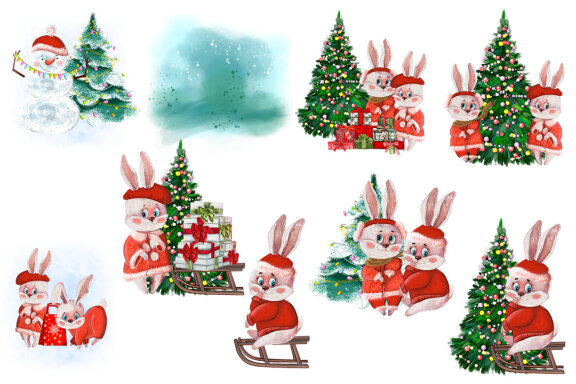 Christmas rabbit sublimation clipart. Winter watercolor hare