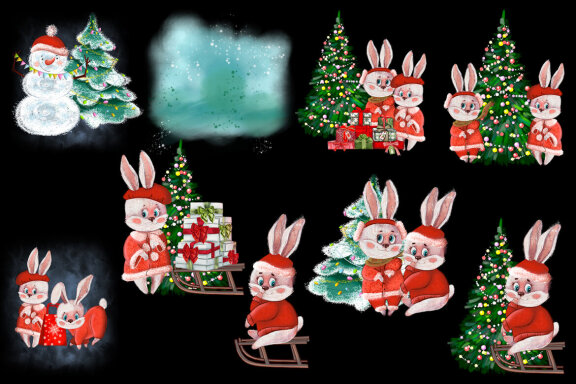 Christmas rabbit sublimation clipart. Winter watercolor hare